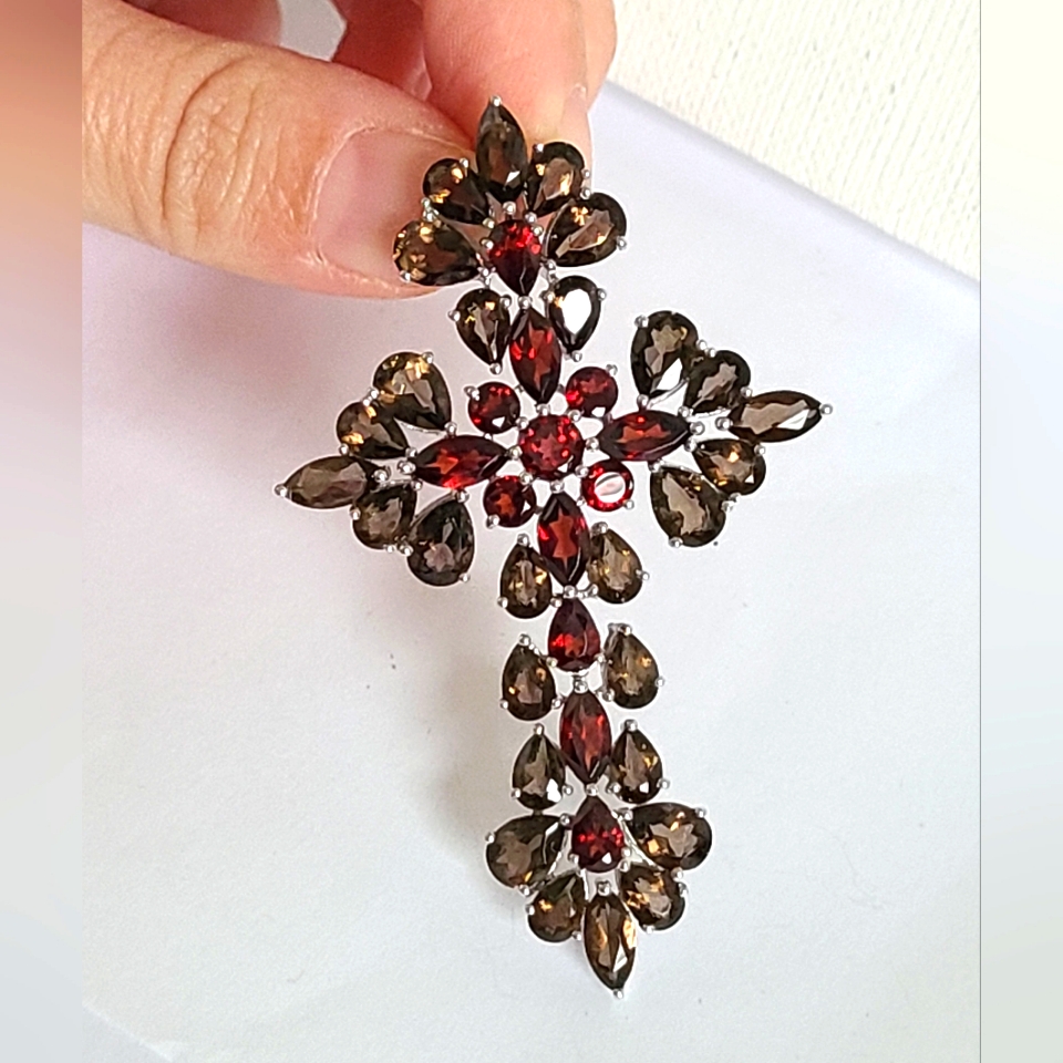 Vintage Boho Sterling Silver Smoky Quartz Red Garnet Crystal Huge Cross Pendant